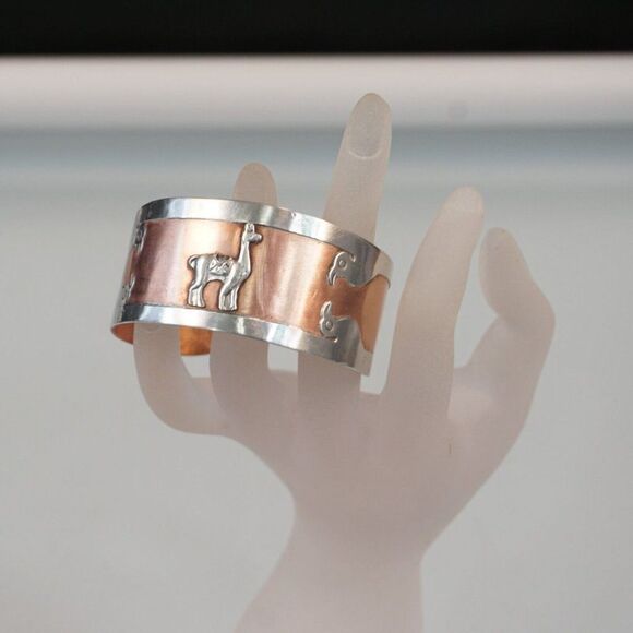 Cuff Bracelet Copper With 925 Sterling Silver Vintage Alpaca Llama And Birds - Picture 6 of 11